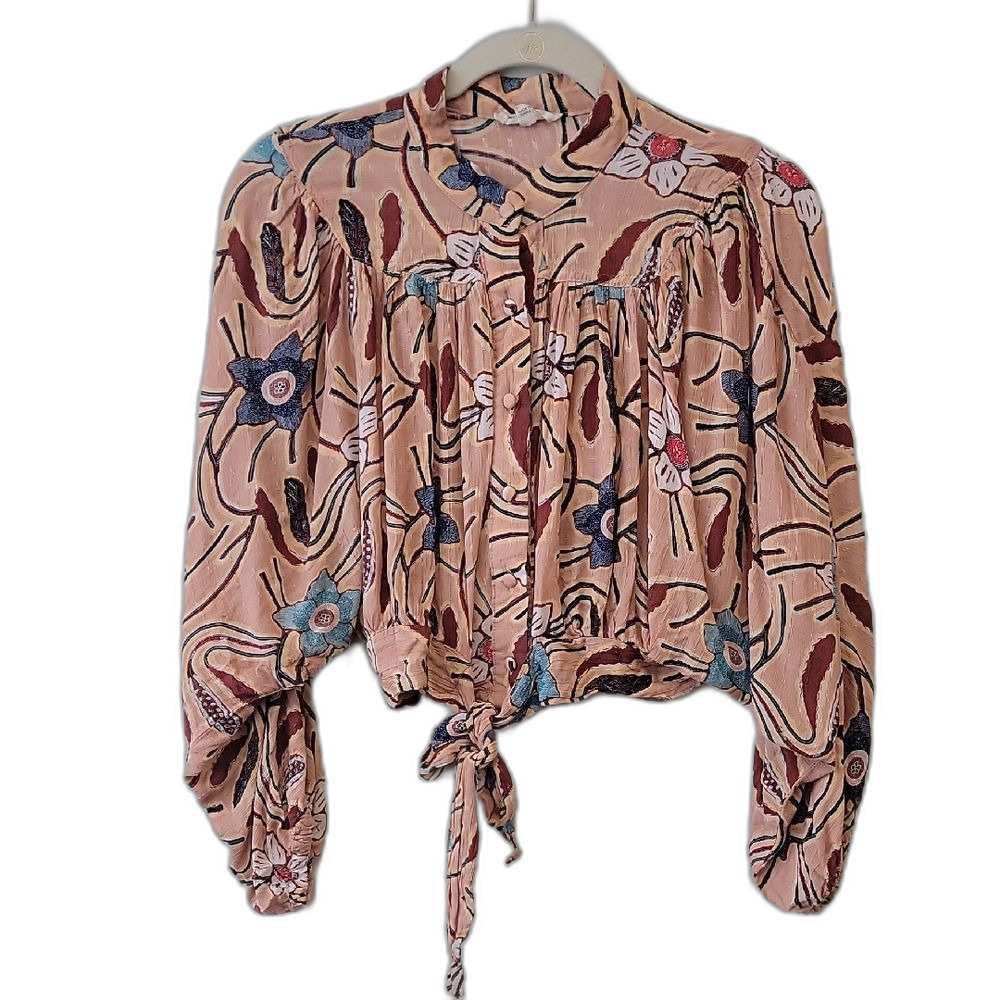 Dramatic Sleeve Chic Christian Siriano Pink Abstract Floral Print Blouse